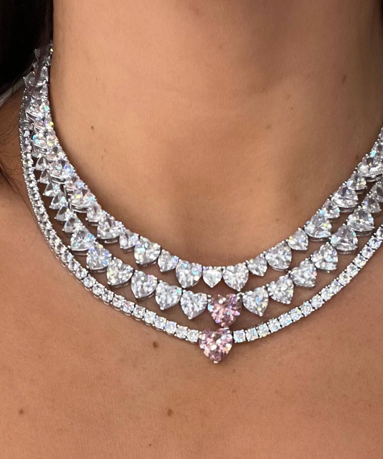 Pink Heart Crystal Tennis Necklace