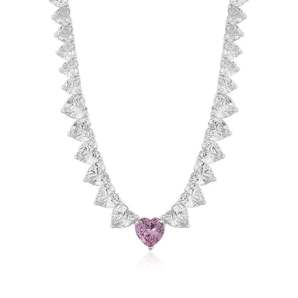 Pink Heart Crystal Tennis Necklace